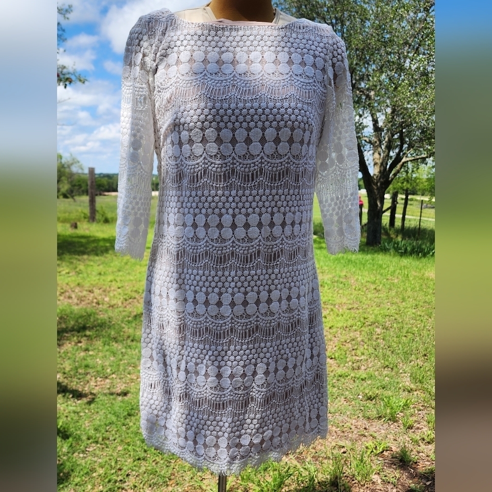 Jessica White and Tan Long Sleeve Sheath Dress